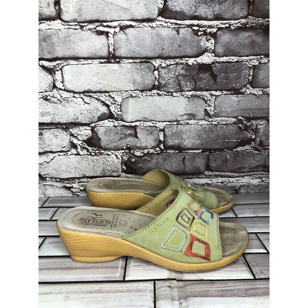 Fly Flot Anatomic Green Suede Slip On Slides Wedge Sandals Women Sz 37EU/6.5M US